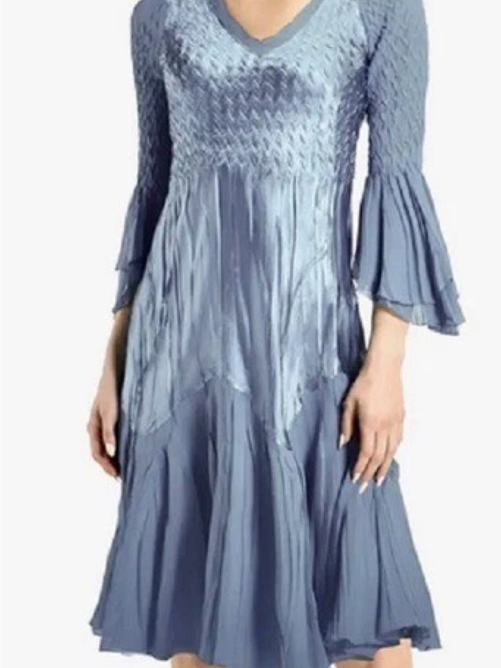 Komarov Dusty Blue V-Neck Smocked Midi Dress
